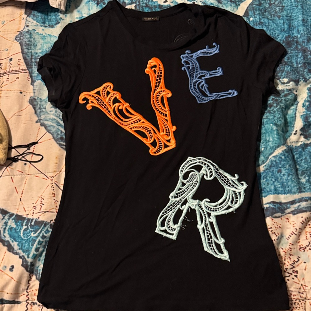 Versace Black Tee with Orange and Blue Accents